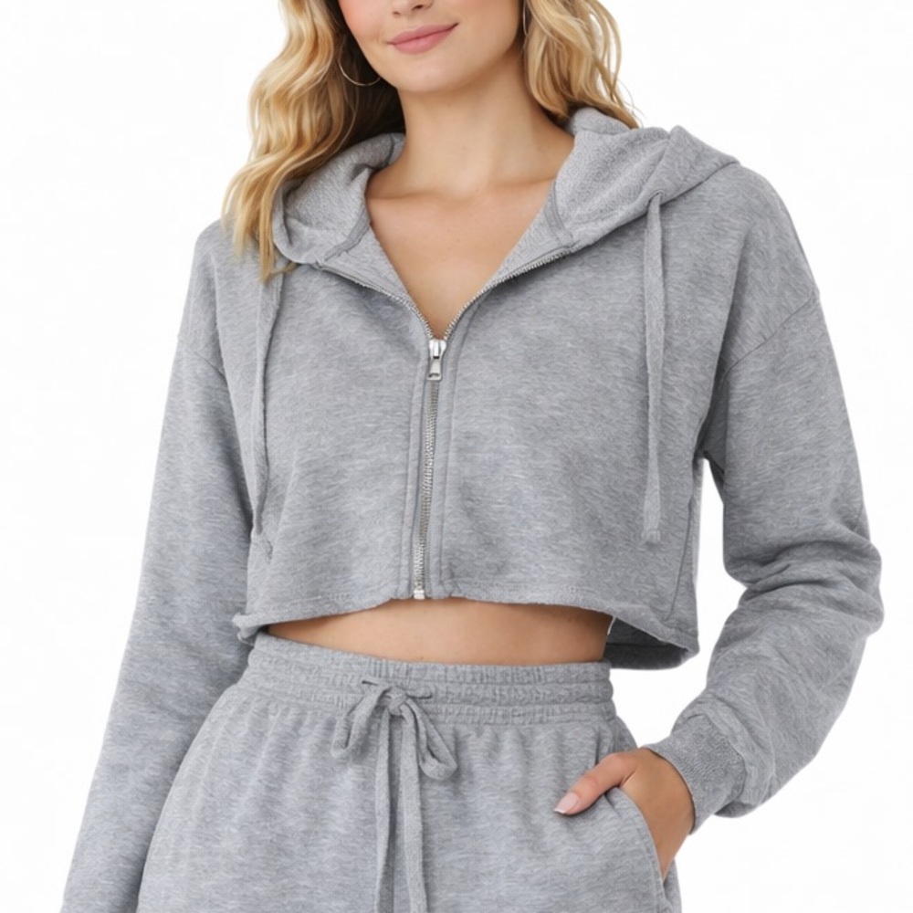 Gray Zip-Up Cropped Hoodie